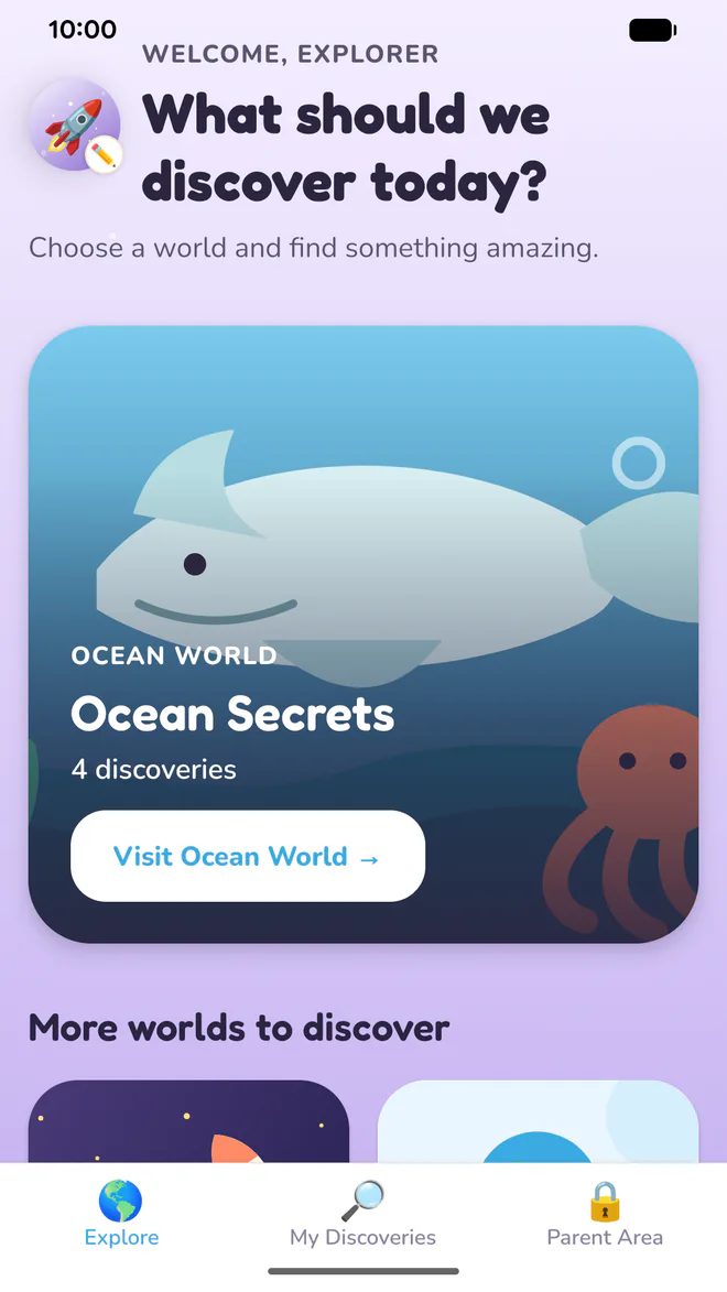 FactNuggets Explore screen showing an Ocean Secrets world card and other worlds to discover.