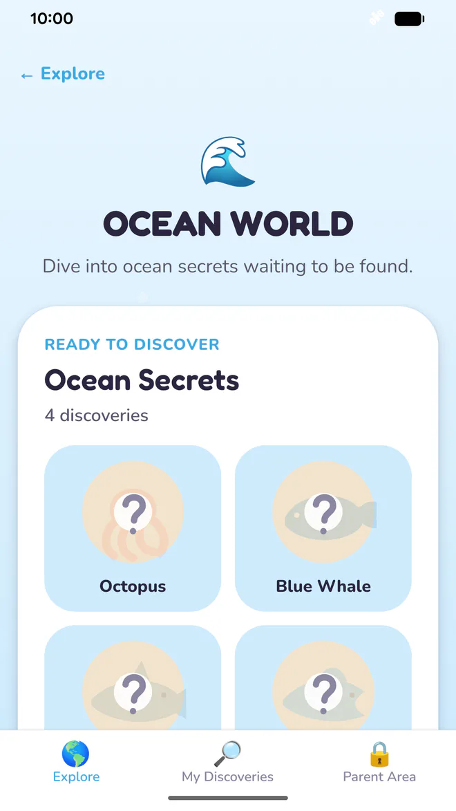 Ocean World screen showing the Ocean Secrets pack with four animal discoveries.