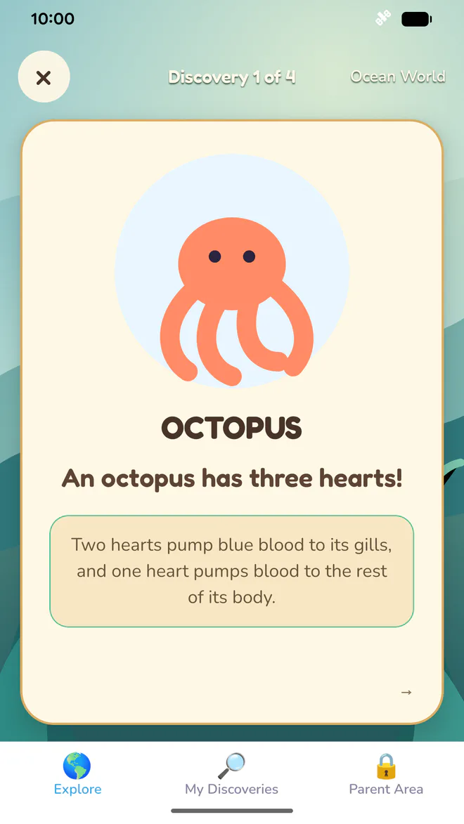 Octopus discovery card explaining that an octopus has three hearts.