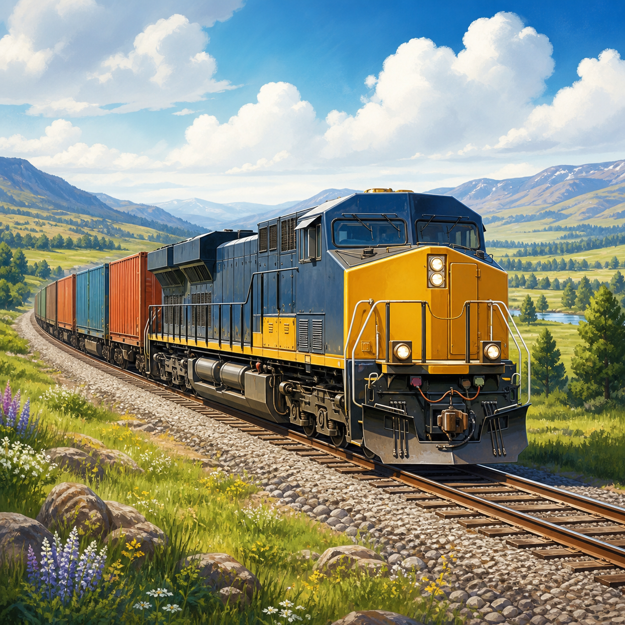 A bright diesel-electric locomotive hauling freight through open countryside.