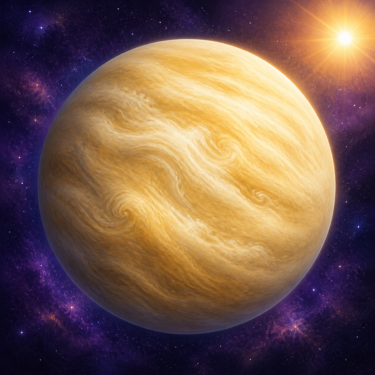 Creamy yellow Venus wrapped in thick clouds with the Sun behind it.