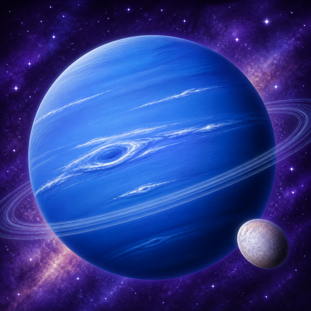 Deep blue Neptune with bright clouds, faint rings, and Triton nearby.