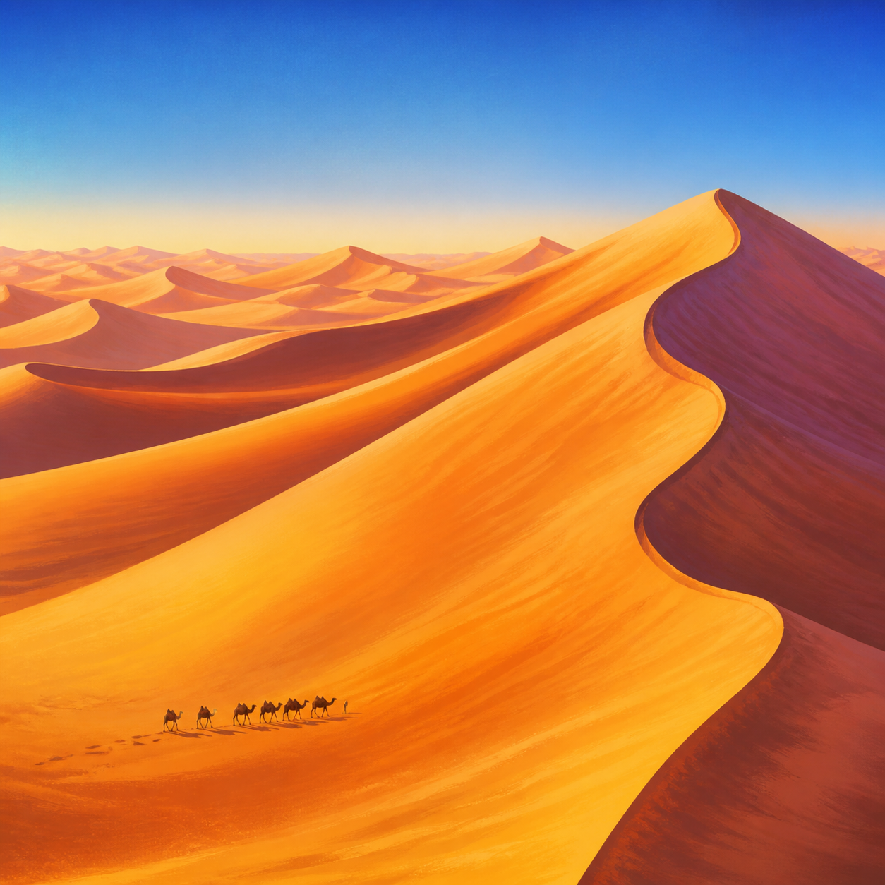 Tall orange dunes of the Empty Quarter with a small camel caravan for scale.