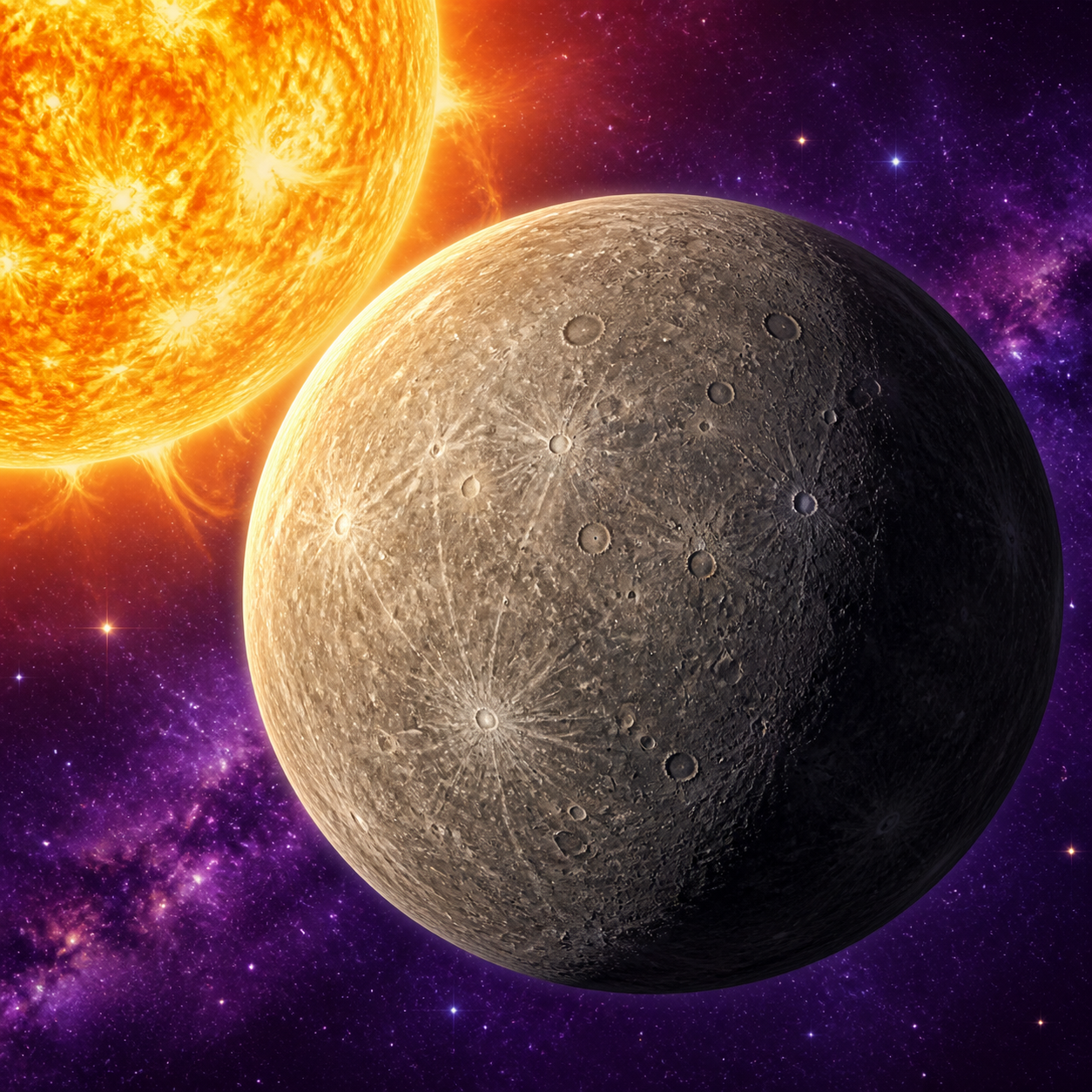 Small cratered grey Mercury close to the blazing Sun.