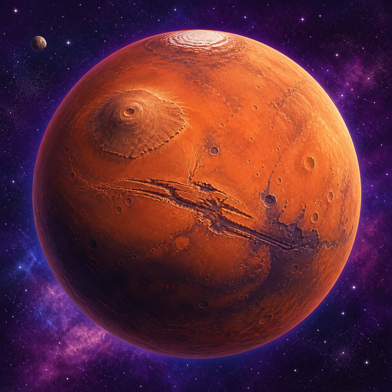 Rust-red Mars showing Olympus Mons, canyons, and a tiny moon.