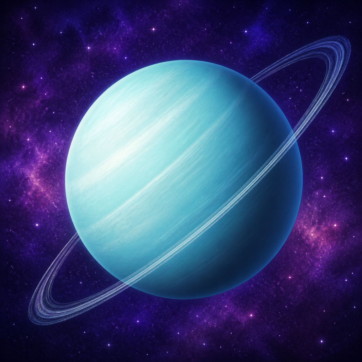 Pale blue-green Uranus tipped sideways with faint rings visible.