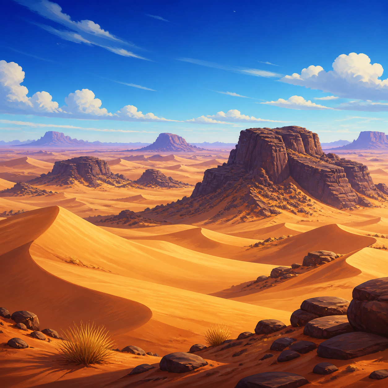 Golden Saharan dunes flowing around dark rocky plateaus beneath a bright blue sky.