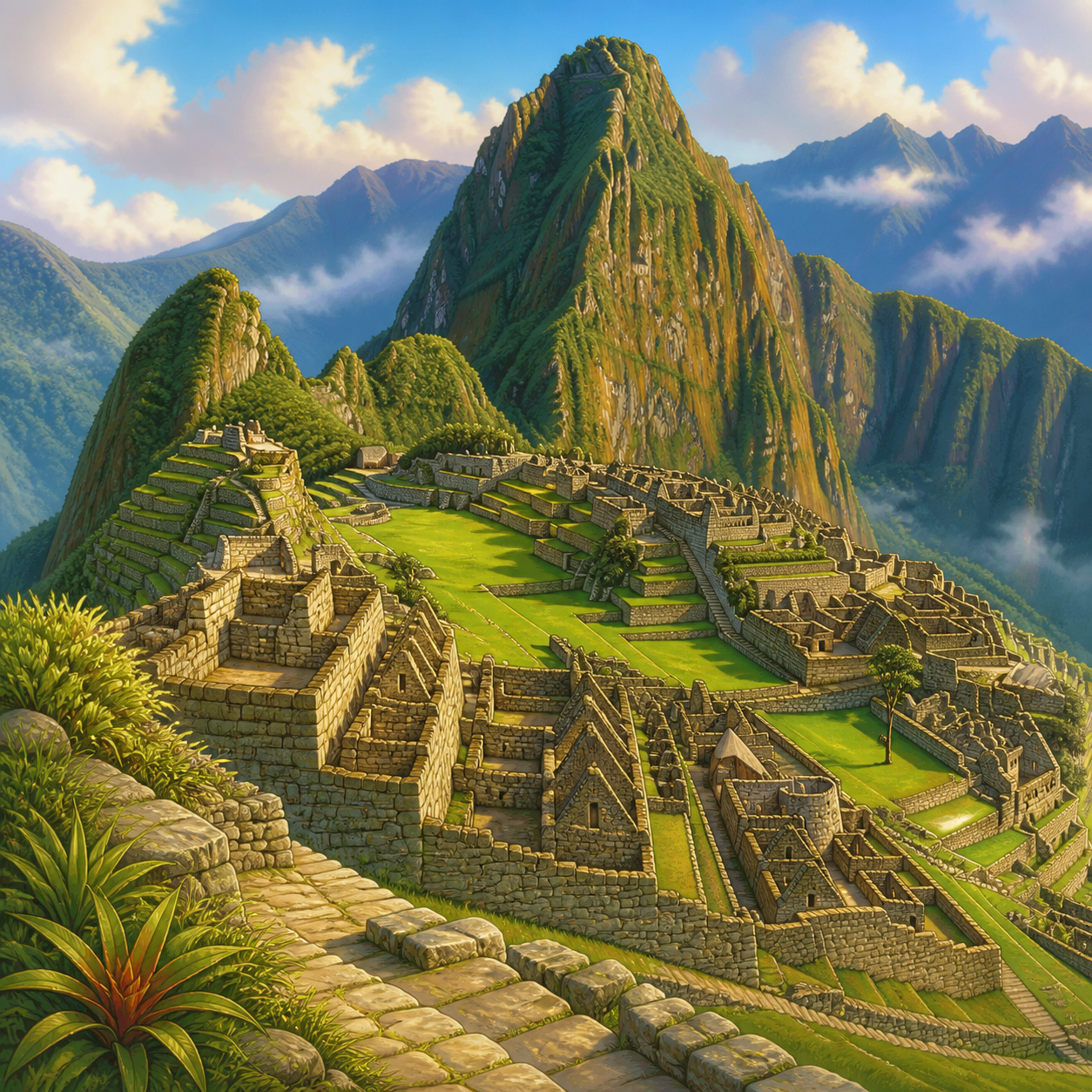 Machu Picchu stone terraces and buildings on a green Andean ridge.