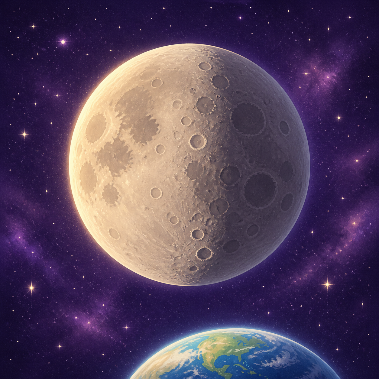 A half-lit cratered Moon floating above the curved blue Earth.