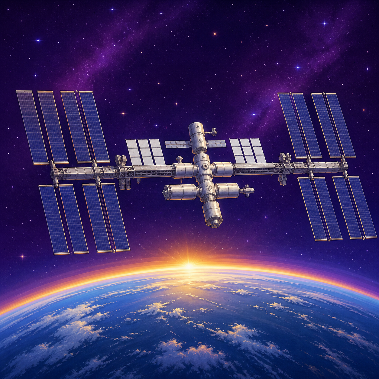 The International Space Station above Earth as a golden sunrise reaches the horizon.
