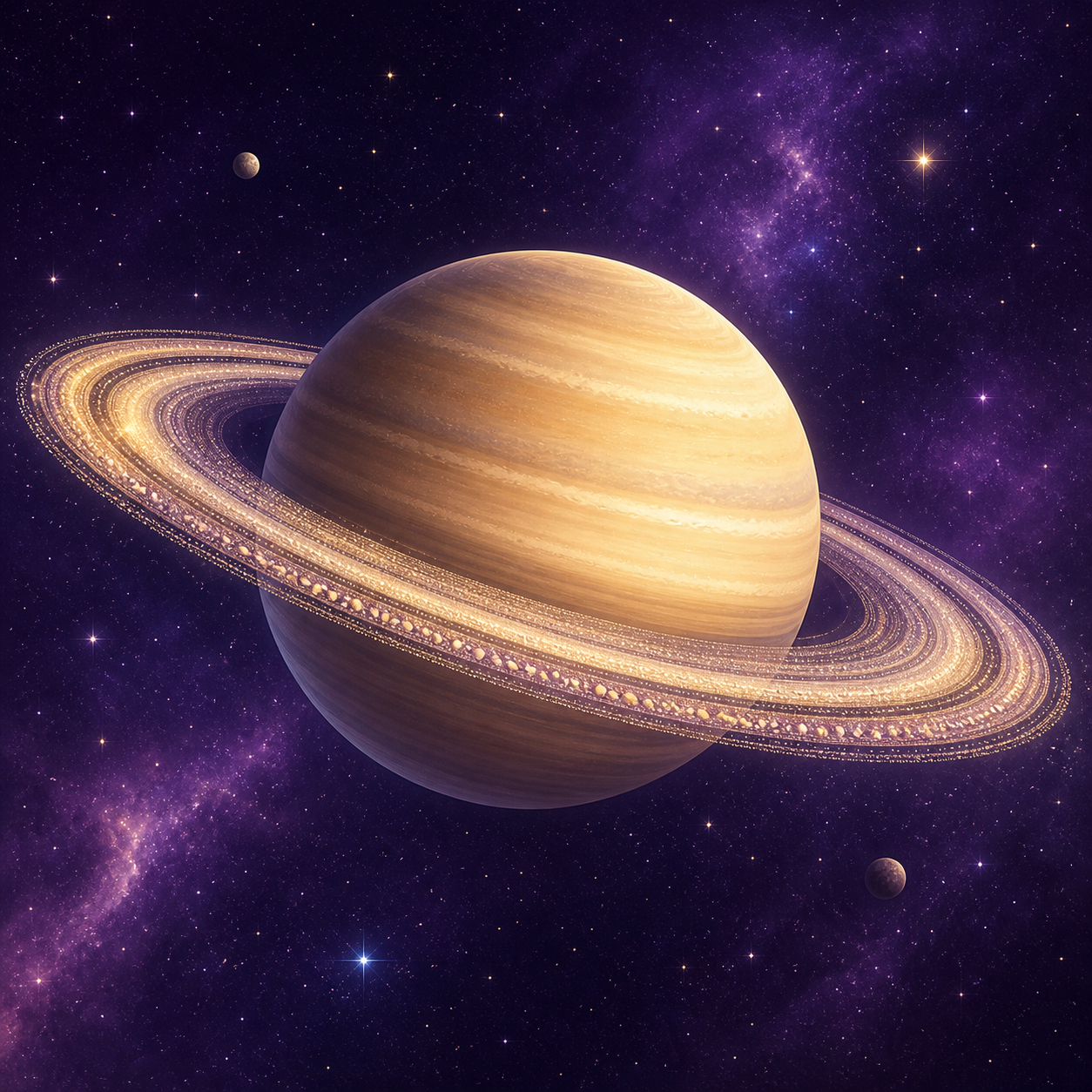Golden Saturn and its broad rings against a purple star field.