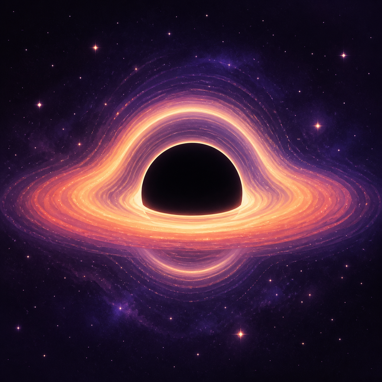 A dark black hole shadow surrounded by a curved glowing gold and coral disk.