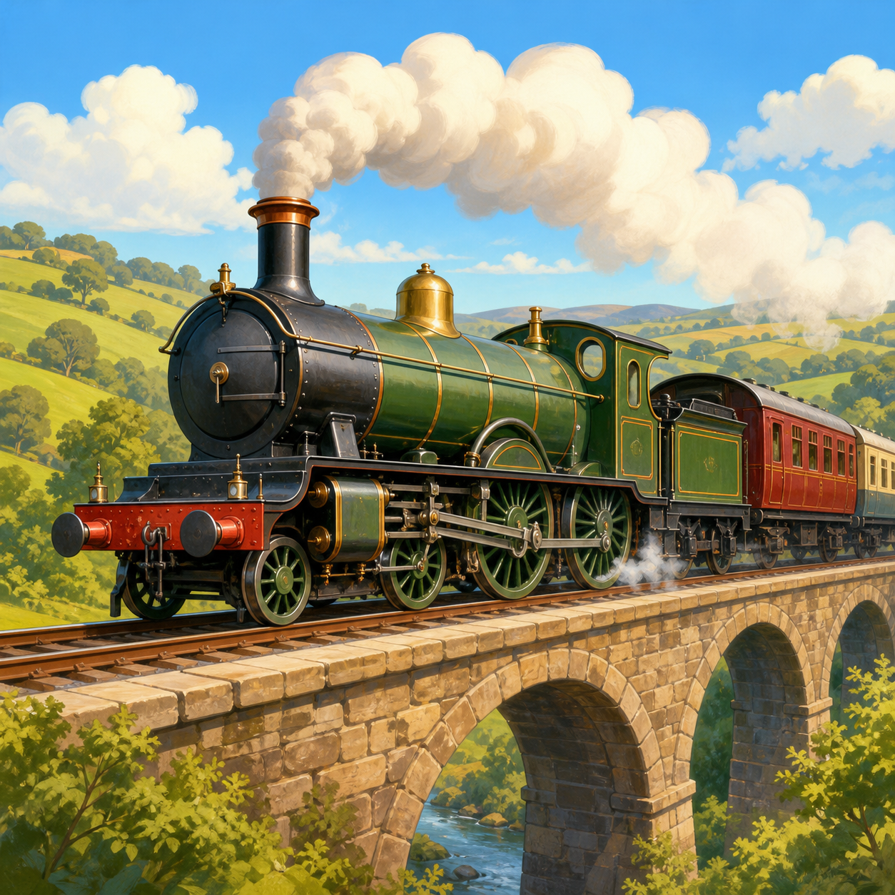 A classic steam locomotive crossing a countryside viaduct with a soft plume of steam.
