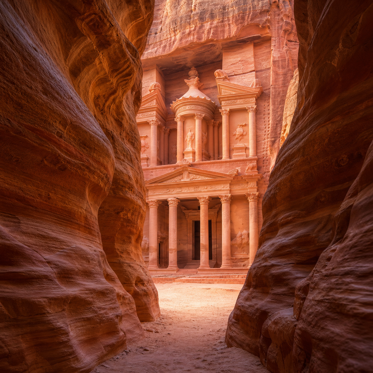 The rose-red Treasury of Petra emerging beyond a narrow sandstone gorge.