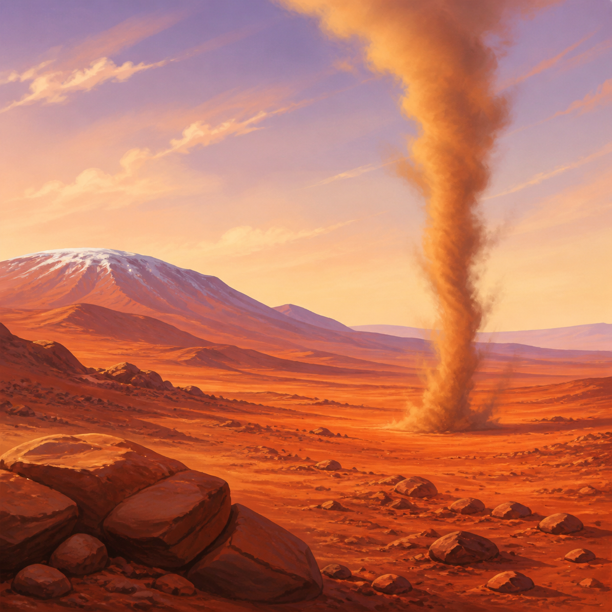 A rust-red Martian desert with dunes, rocks, a dust devil, and pale polar ice on the horizon.