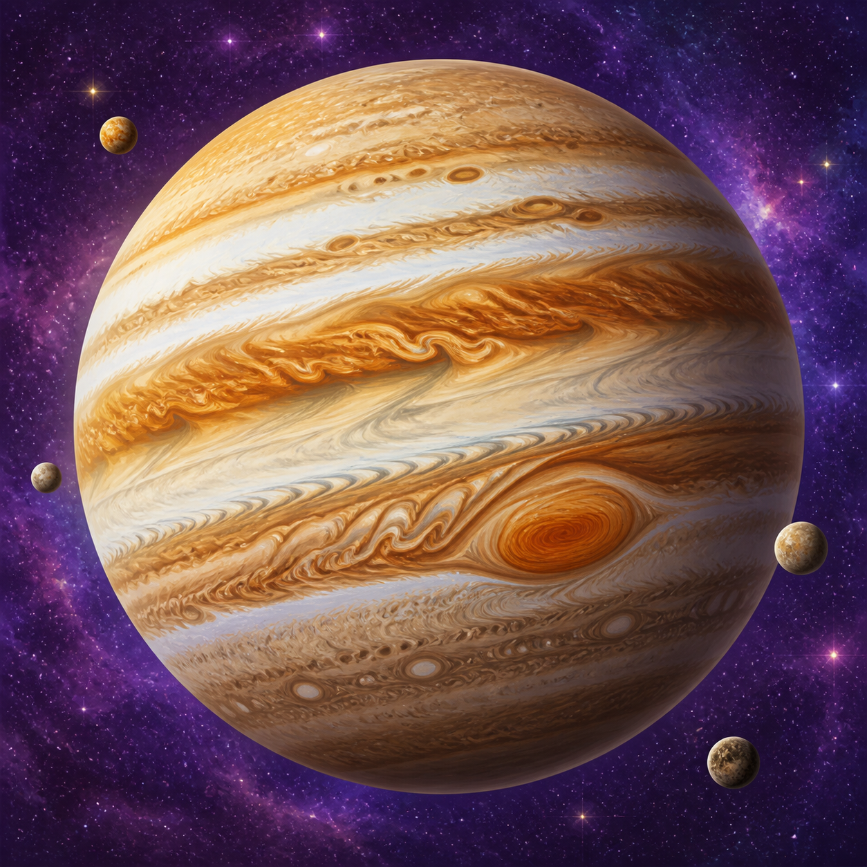 Huge striped Jupiter with its Great Red Spot and several small moons.