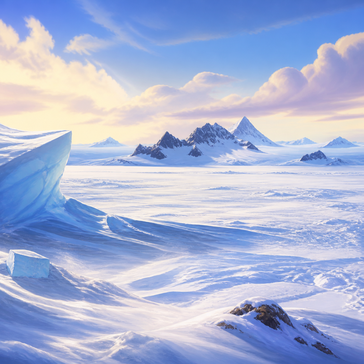 Blue-white Antarctic ice plains, distant mountains, and windblown snow beneath a pale sky.