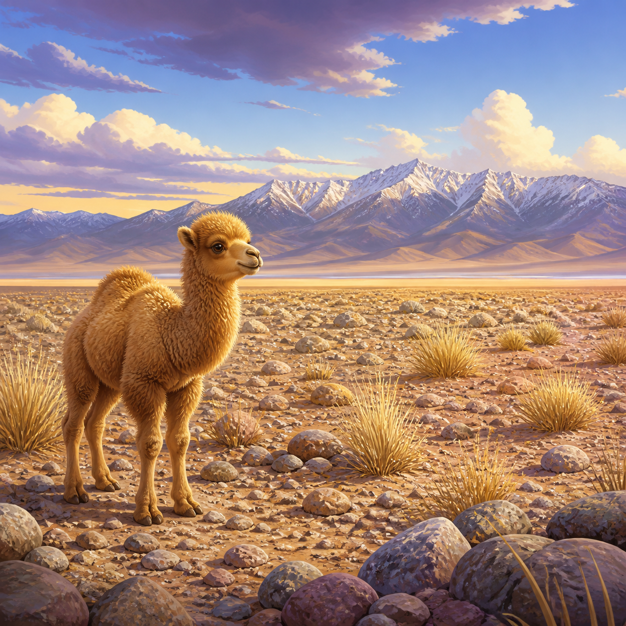 A wide Gobi gravel plain with sparse grass, low dunes, and snow-dusted mountains.