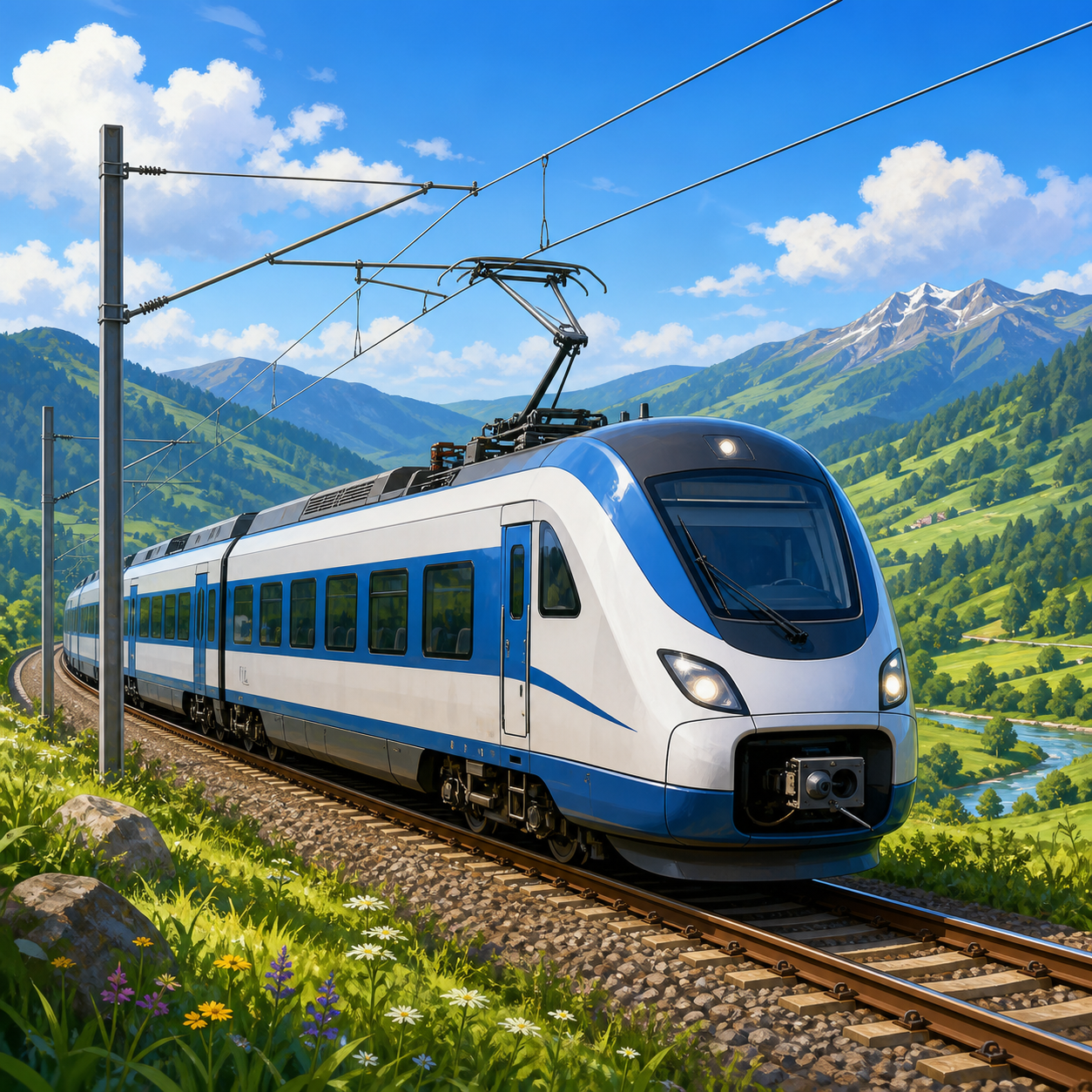 A modern electric passenger train under catenary wires in a green valley.