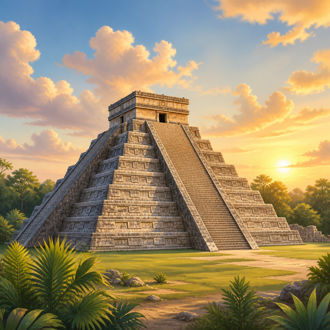 El Castillo pyramid at Chichen Itza beneath a warm Yucatan sky.