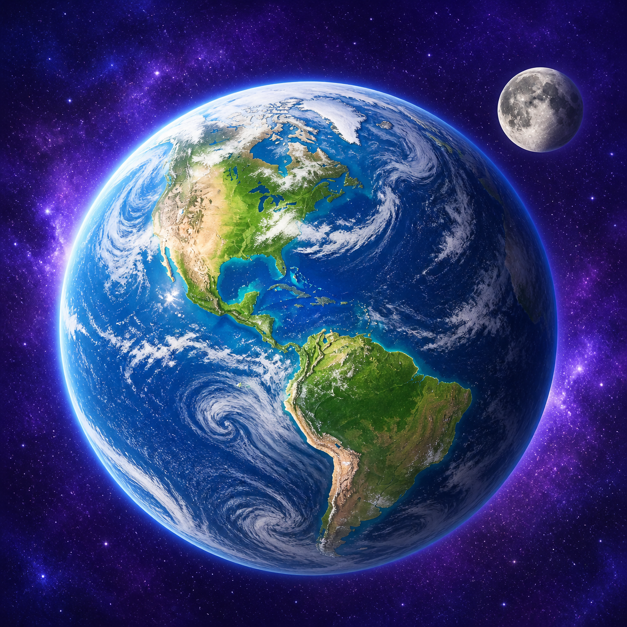 Blue-green Earth with swirling white clouds and the Moon nearby.
