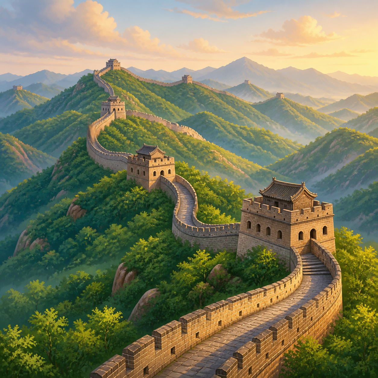 The Great Wall winding over green mountain ridges with watchtowers.