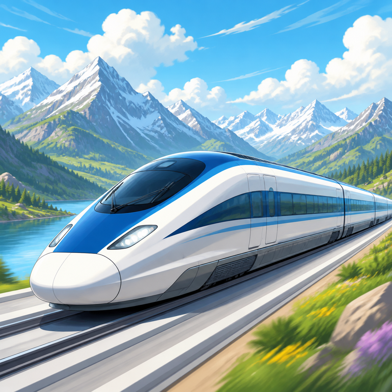 A sleek white-and-blue high-speed train racing past distant mountains.
