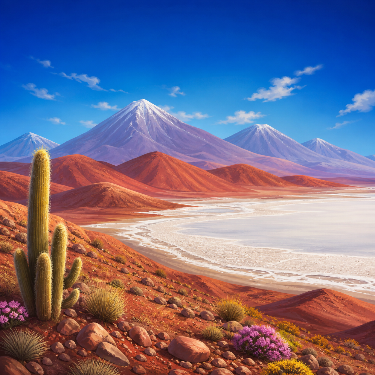 Red-brown Atacama hills, a white salt flat, distant Andes, and an intensely clear sky.