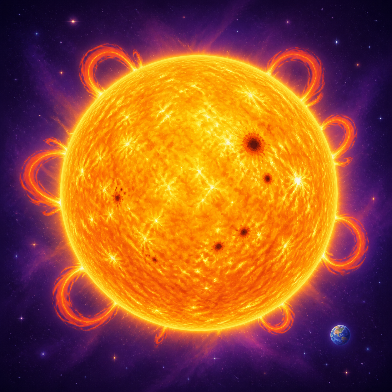 A glowing yellow Sun with looping prominences and a tiny Earth in the distance.