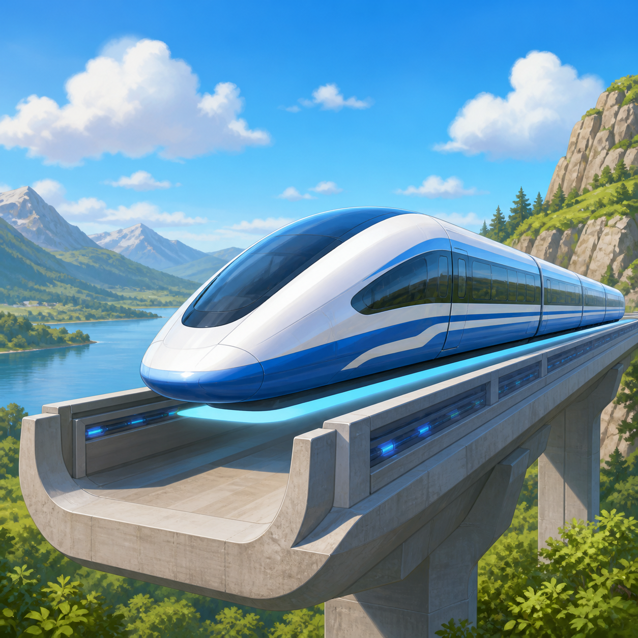A futuristic maglev train floating just above a U-shaped guideway.