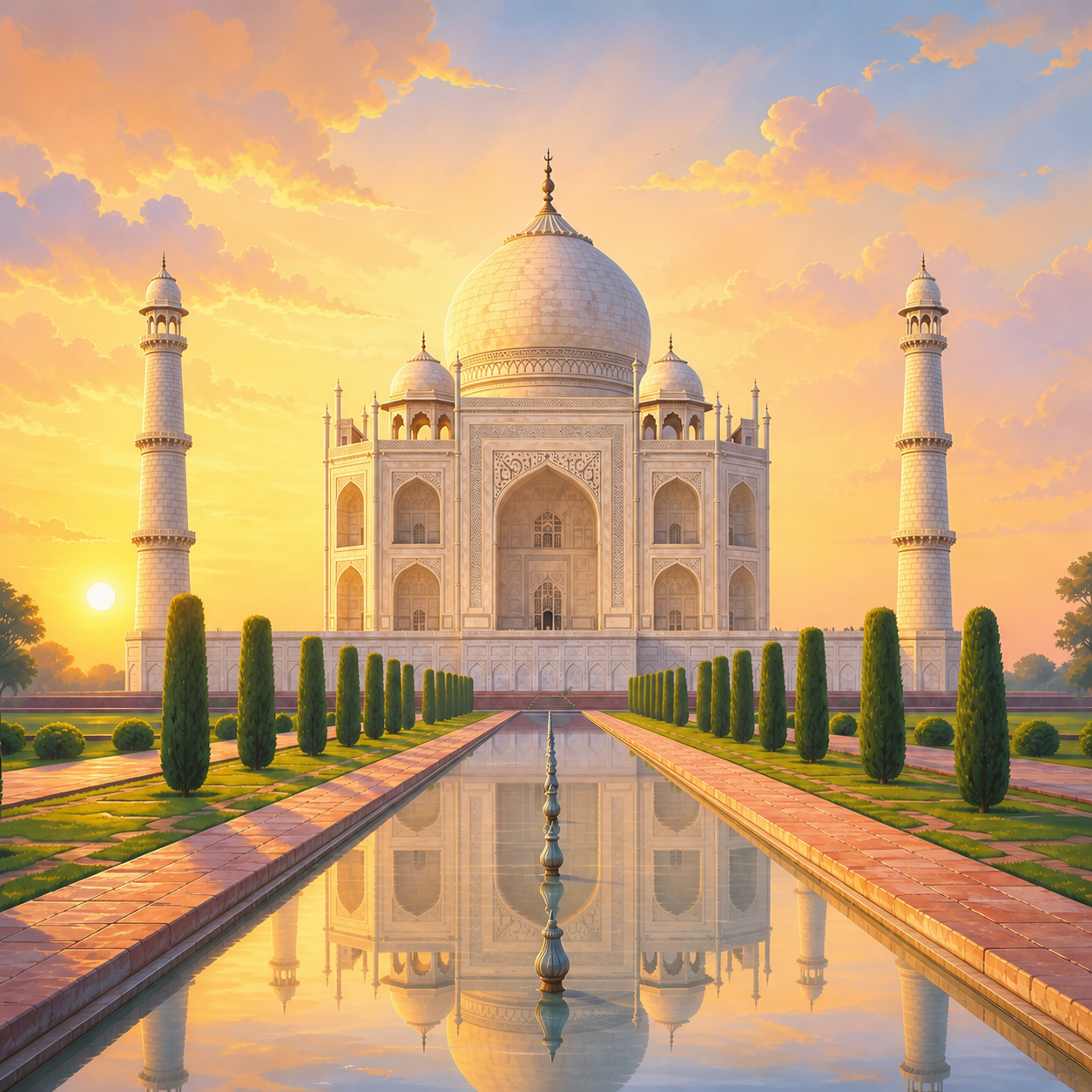 The white marble Taj Mahal reflected in its long garden pool at sunrise.