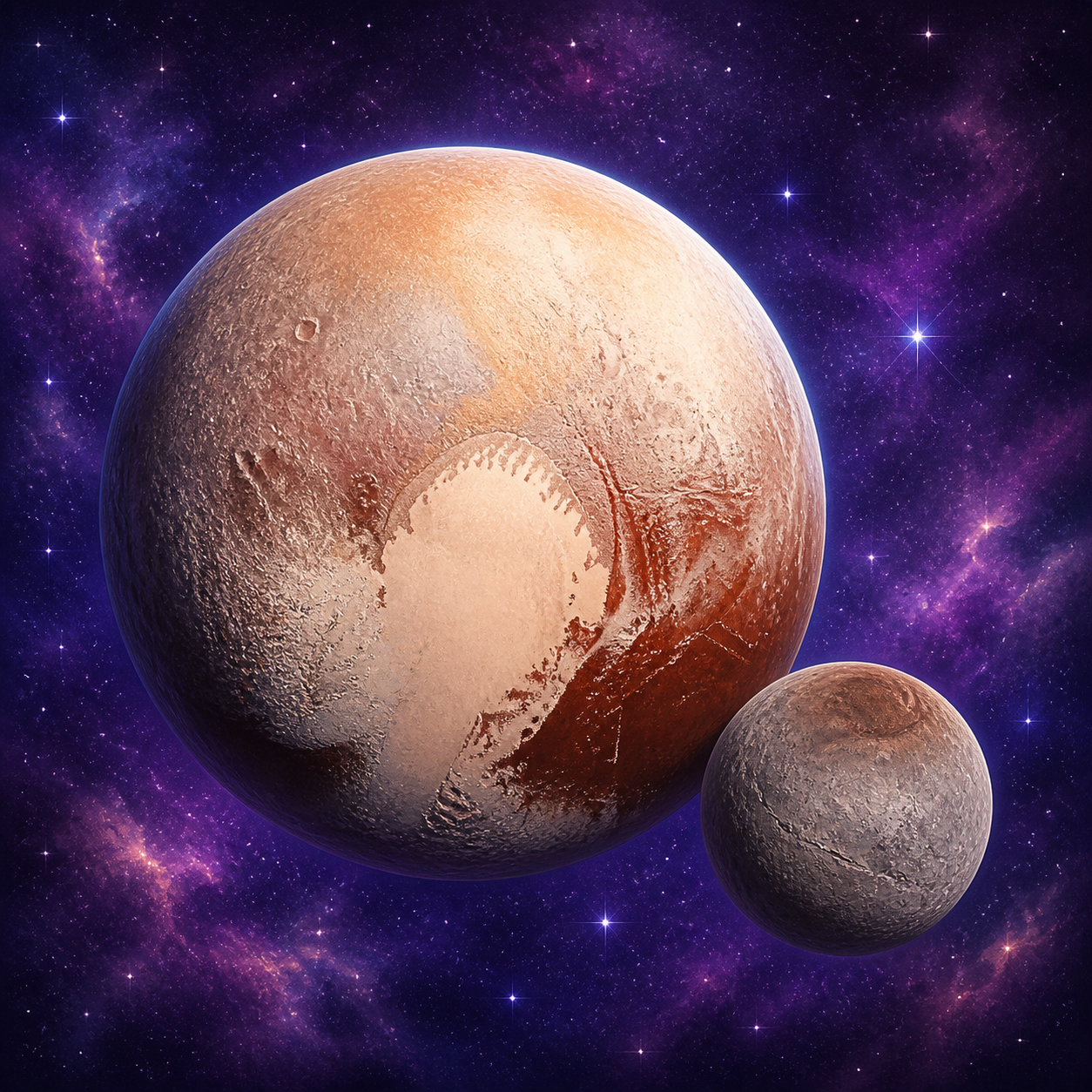 Small reddish Pluto with its bright heart-shaped plain and large moon Charon.